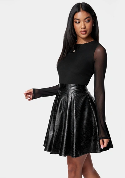 Bebe Faux Leather Flare Dress In Jet Black