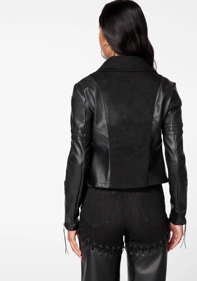Bebe Denim Combo Vegan Leather Motto Blazer In Washed Out Black
