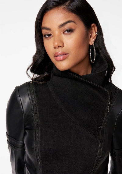 Bebe Denim Combo Vegan Leather Motto Blazer In Washed Out Black