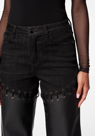 Shop Bebe High Waist Denim Combo Vegan Leather Wide Leg Pant In Washed Out Black