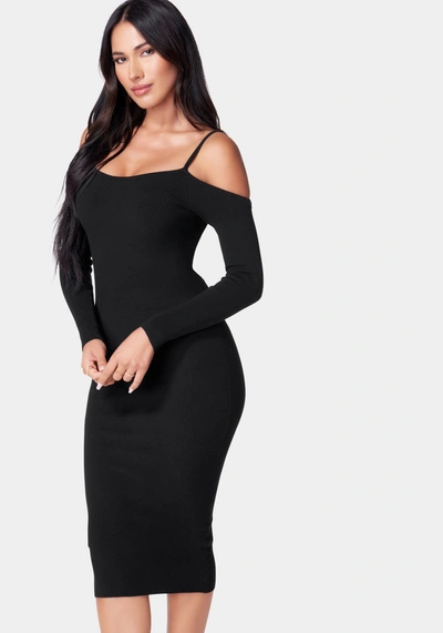Bebe Cold Shoulder Knit Midi Dress In Jet Black