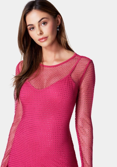 Bebe Diamante Crystal Mesh Mini Dress In Rose Violet