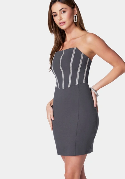 Bebe Strapless Sparkle Corset Dress In Thunderstorm,silver