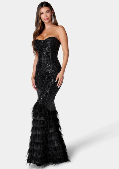 Shop Bebe Sequin Feather Gown In Black,nude