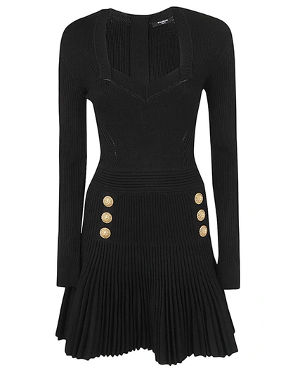 Shop Balmain Long Sleeves Knitted Flare Short Dress Clothing In Black