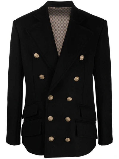 Shop Balmain Double-breasted Jacket In Wool In Black