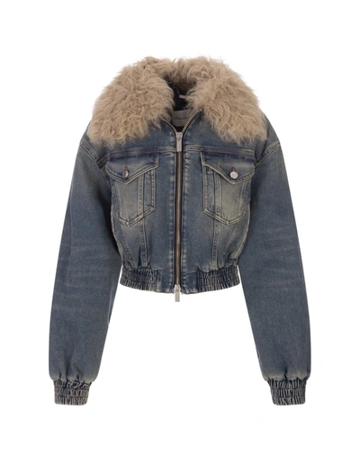 Shop Blumarine Denim Bomber Jacket With Fur Collar In Blue