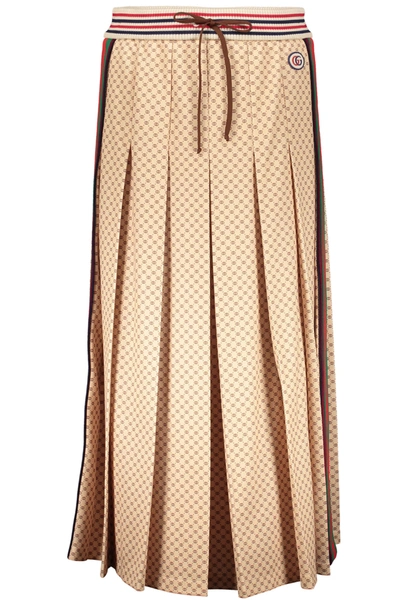 Shop Gucci Printed Pleated Skirt In Beige