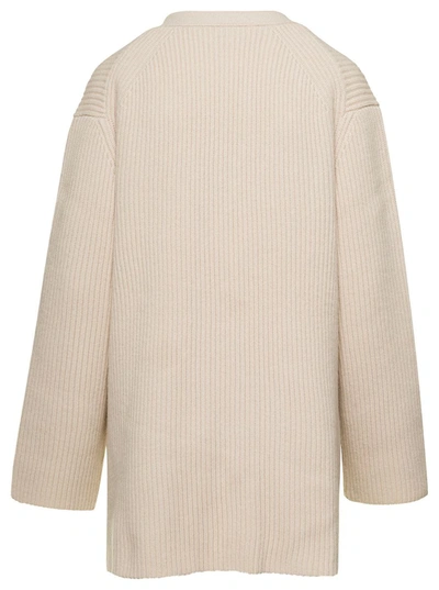 Shop Totême Oversized Ribbed White Cardigan With Patch Pockets In Wool Woman In Grey