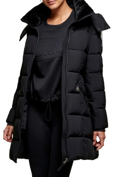 Walker Stretch Puffer Jacket With Faux Fur Lining In Black