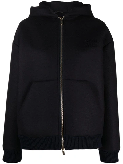 Shop Miu Miu Logo-appliqué Virgin-wool Hoodie In Bleu