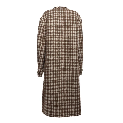 Shop Etro Brown And Beige Virgin Wool And Alpaca Blend Long Coat With Houndstooth Pattern  In Marrone/beige
