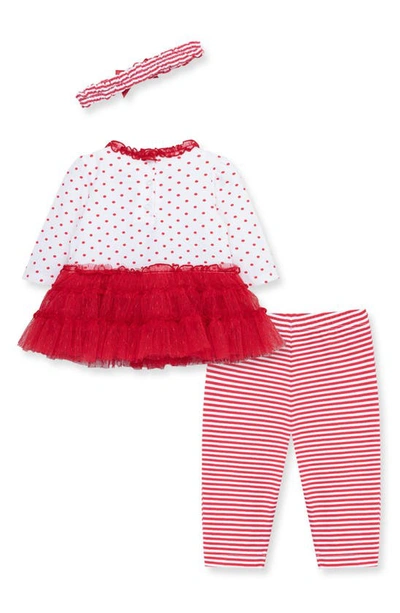 Shop Little Me Sparkle Tree Long Sleeve Dress, Leggings & Headband Set In Red