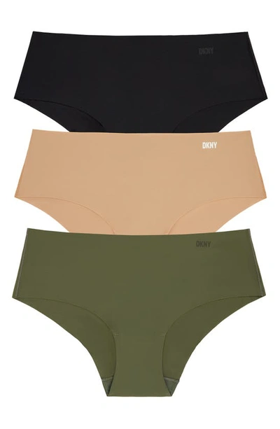 Dkny Litewear Cut Anywhere Assorted 3-pack Hipster Briefs In Black/ Glow/ Olive