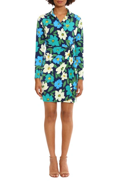 Shop Donna Morgan Floral Long Sleeve Matte Jersey Shirtdress In Navy/ Blue