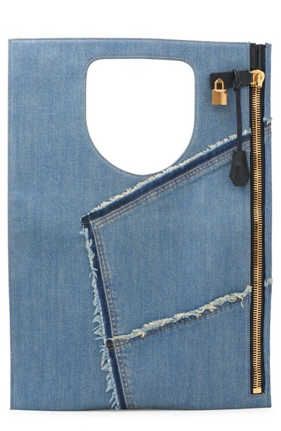 Shop Tom Ford Alix Flat Patchwork Panel Denim Shoulder Bag In 3ln09 Blue/ Black