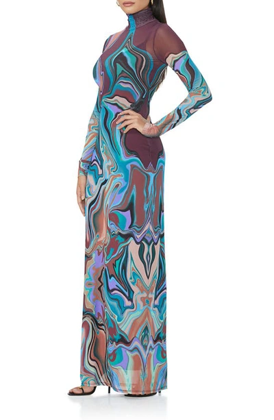 Shop Afrm Billie Print Long Sleeve Semisheer Dress In Abstract Marble