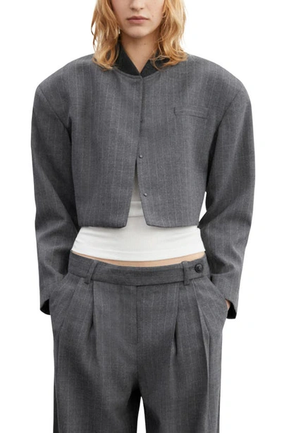 Shop Mango Pinstripe Crop Jacket In Grey
