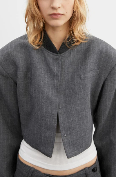 Shop Mango Pinstripe Crop Jacket In Grey