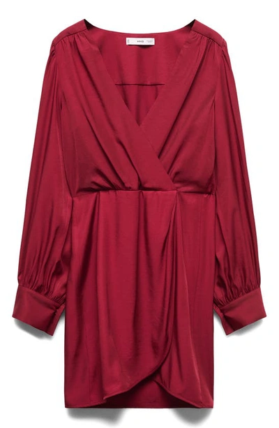 Shop Mango Long Sleeve Faux Wrap Minidress In Burgundy