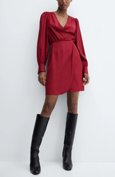Mango Long Sleeve Faux Wrap Minidress In Burgundy
