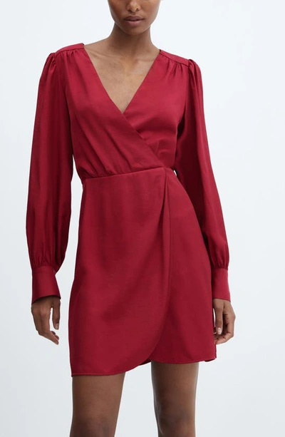 Mango Long Sleeve Faux Wrap Minidress In Burgundy