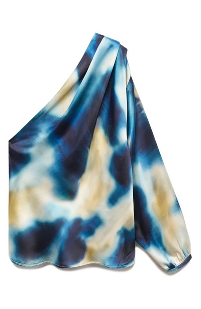 Shop Mango Watercolor Print Asymmetric One-shoulder Satin Top In Night Blue
