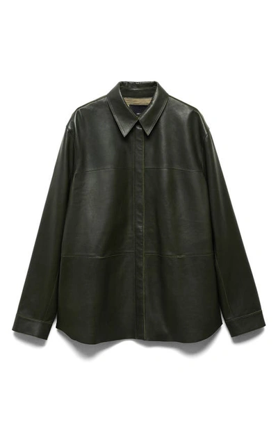 Shop Mango Leather Overshirt In Green