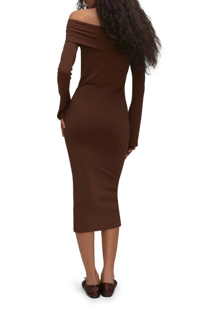 Shop Mango Off The Shoulder Long Sleeve Body-con Midi Dress In Chocolate