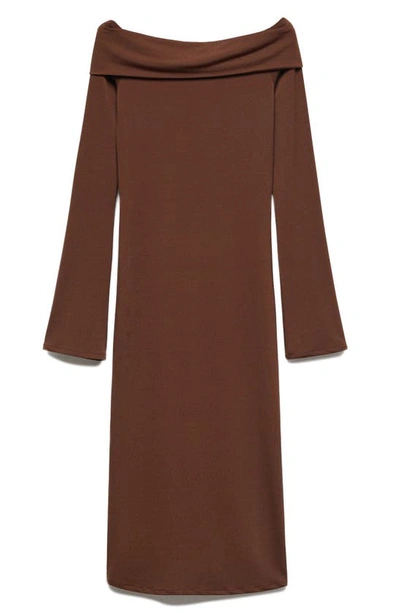 Shop Mango Off The Shoulder Long Sleeve Body-con Midi Dress In Chocolate