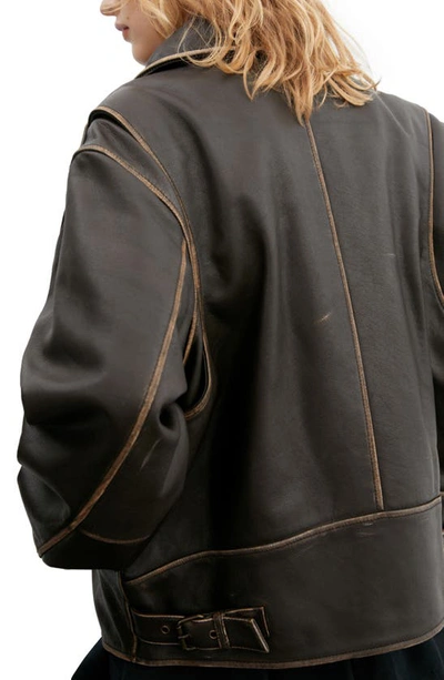 Mango Oversize Distressed Leather Jacket In Brown