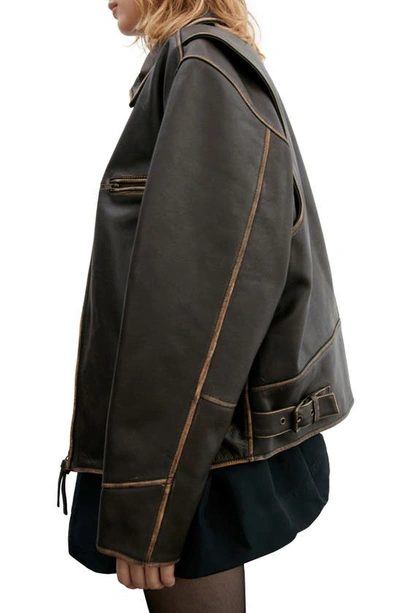 Mango Oversize Distressed Leather Jacket In Brown
