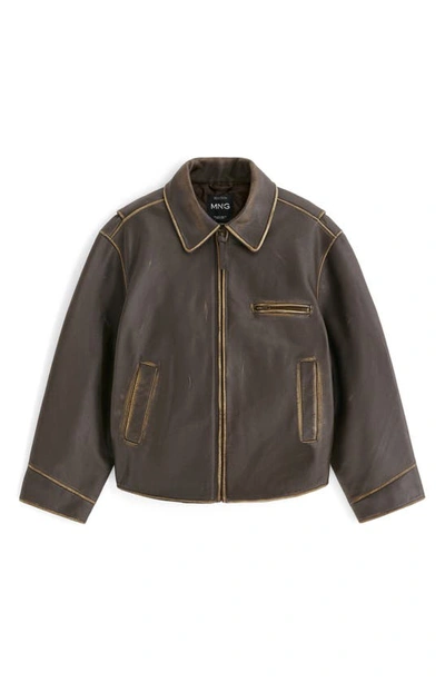 Mango Oversize Distressed Leather Jacket In Brown
