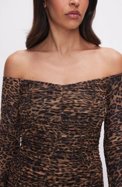 Shop Good American Ruched Off The Shoulder Long Sleeve Mesh Body-con Dress In Wild Leopard003