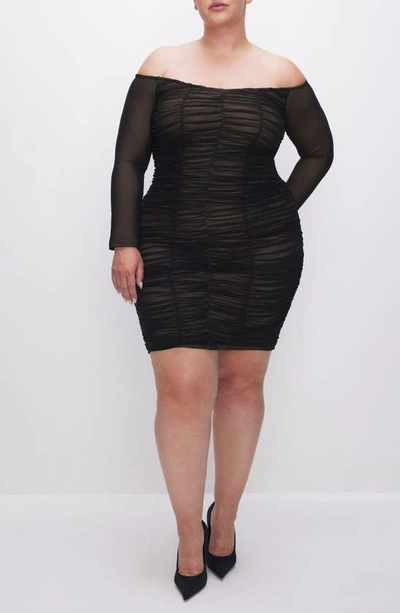 Shop Good American Ruched Off The Shoulder Long Sleeve Mesh Body-con Dress In Black001