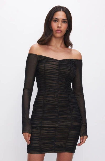 Shop Good American Ruched Off The Shoulder Long Sleeve Mesh Body-con Dress In Black001
