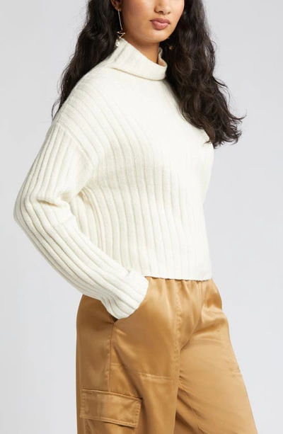 Shop Open Edit Cotton Blend Rib Funnel Neck Sweater In Ivory Dove