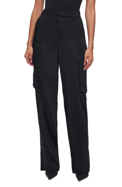 Shop Good American Washed Satin Straight Leg Cargo Pants In Black001