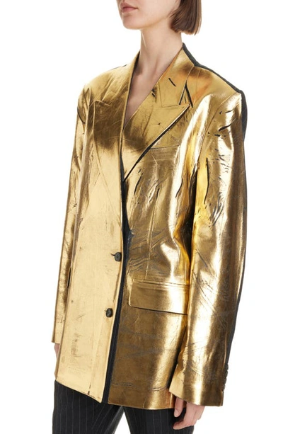 Shop Dries Van Noten Benos Asymmetric Metallic Coated Wool Blazer In Gold Anthracite