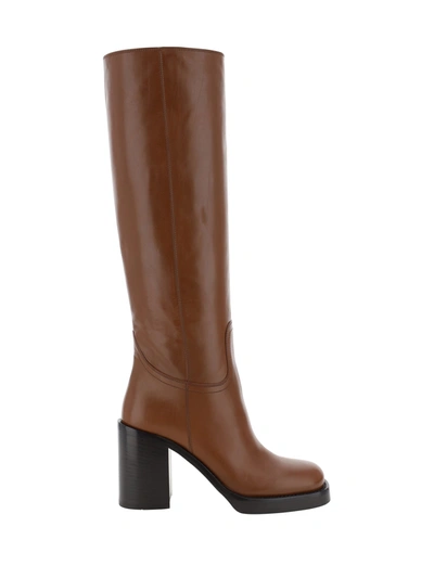 Prada Leather Knee-length Boots Block Heel In Brown