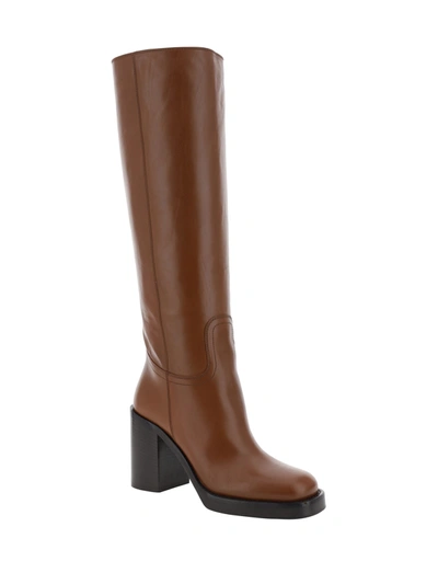 Prada Leather Knee-length Boots Block Heel In Brown