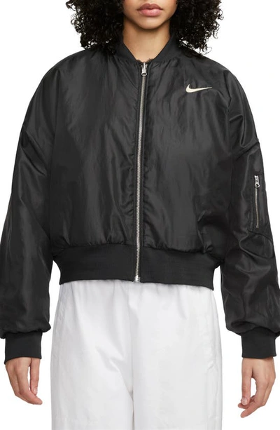 Shop Nike Sportswear Reversible Faux Fur Bomber Jacket In Black/ Coconut Milk