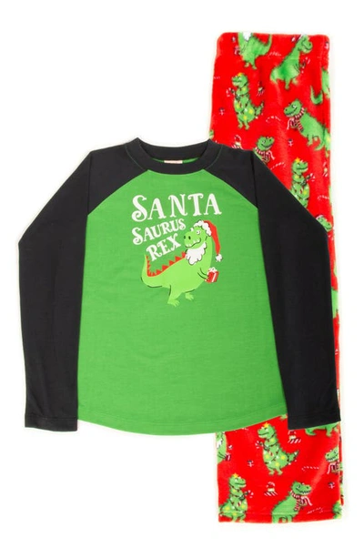 Shop Munki Munki Kids' Santasaurus Rex Two-piece Pajamas In Green