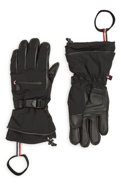Shop Moncler Leather Trim Ski Gloves In Black