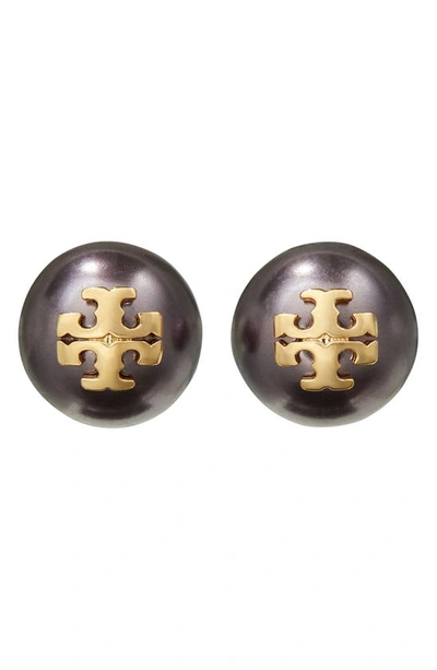 Shop Tory Burch Kira Logo Swarovski Crystal Imitation Pearl Stud Earrings In Tory Gold / Dark Purple