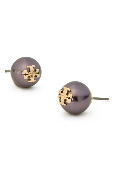 Shop Tory Burch Kira Logo Swarovski Crystal Imitation Pearl Stud Earrings In Tory Gold / Dark Purple