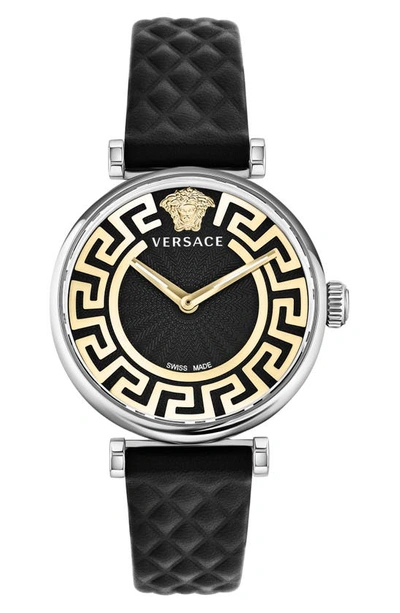 Shop Versace Greca Chic Leather Strap Watch, 35mm In Black/ Stainless Steel