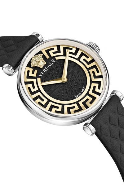Shop Versace Greca Chic Leather Strap Watch, 35mm In Black/ Stainless Steel