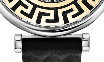 Shop Versace Greca Chic Leather Strap Watch, 35mm In Black/ Stainless Steel