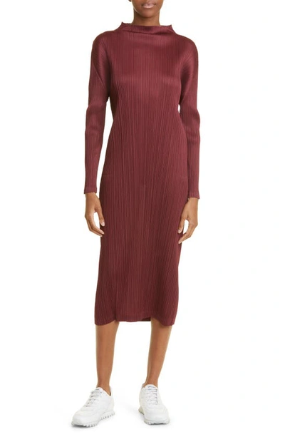 Shop Issey Miyake Pleats Please  Monthly Colors October Pleated Long Sleeve Midi Dress In Brown